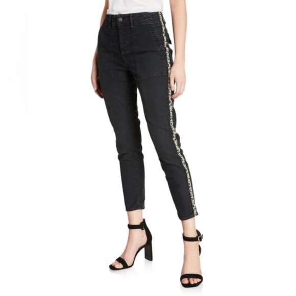 NWT Sundry Black Cheetah Trim Utility Slim Straight Pants - Picture 1 of 7